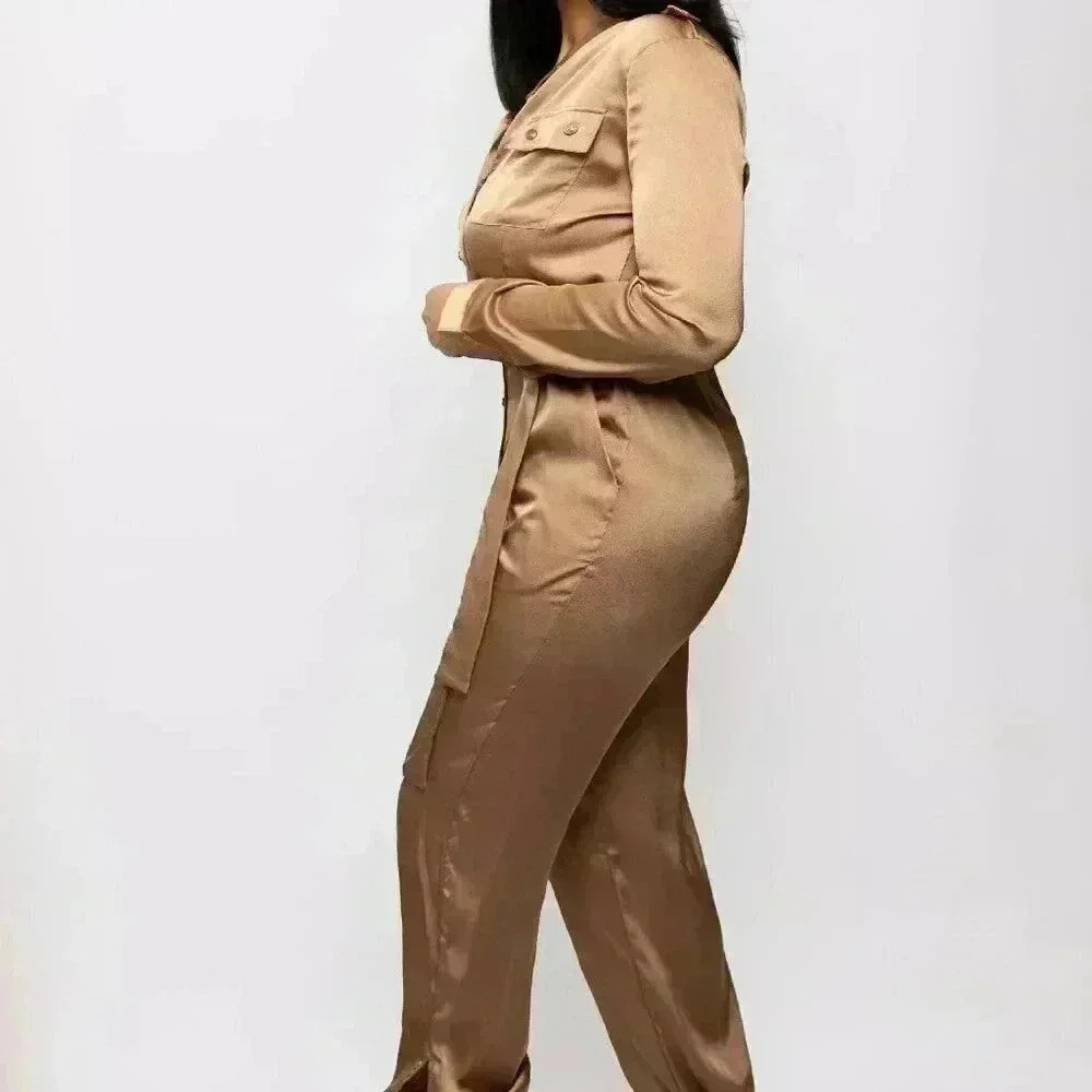 On Safari Satin Cargo Jumpsuit